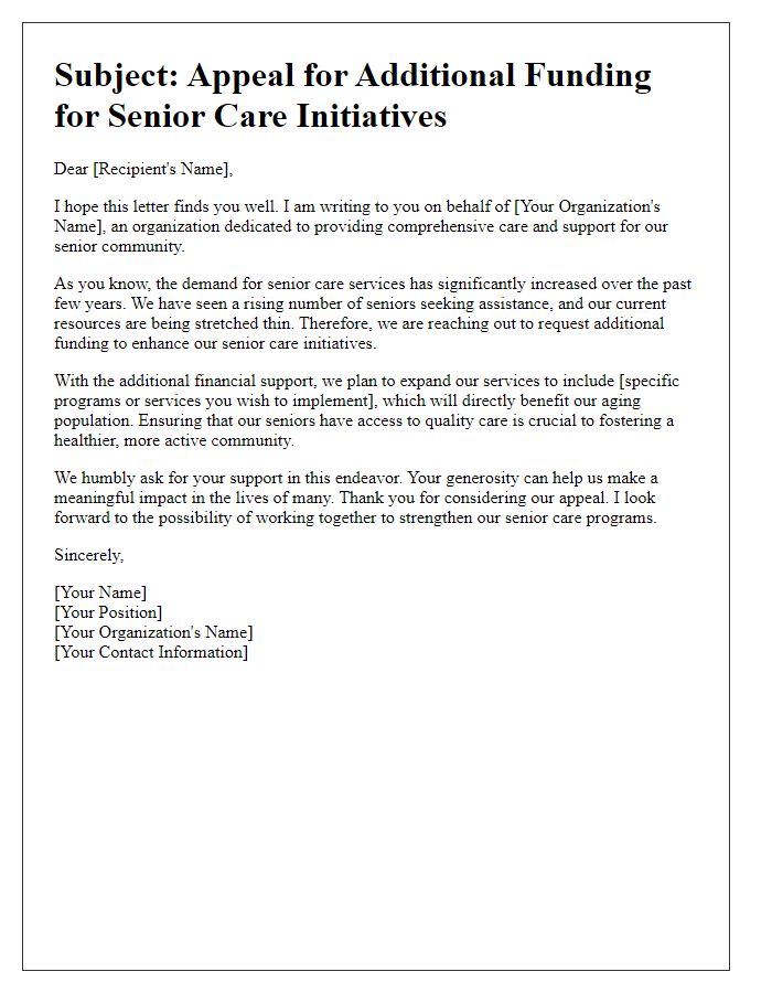 Letter template of appeal for additional funding for senior care initiatives.