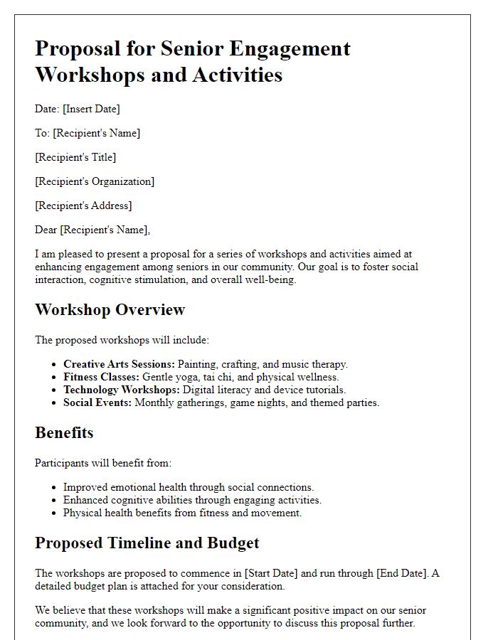 Letter template of proposal for workshops and activities designed for senior engagement.