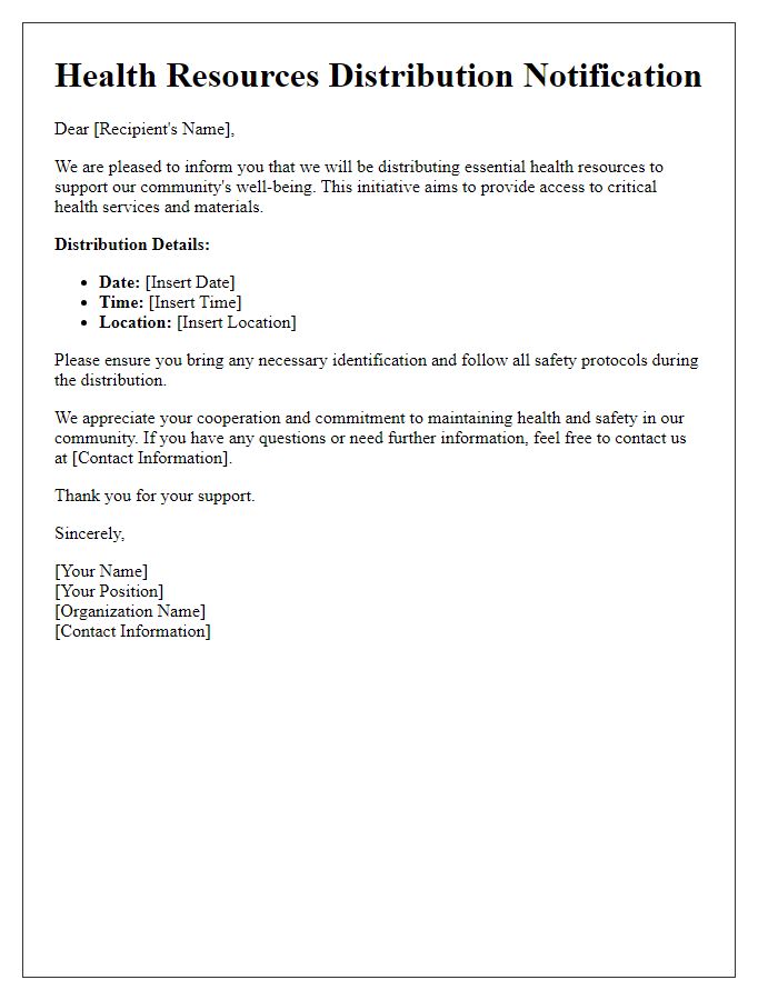 Letter template of health resources distribution message