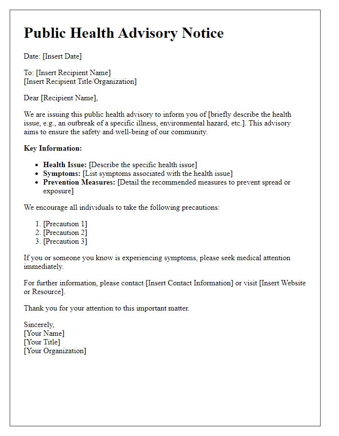 Letter template of public health advisory notice