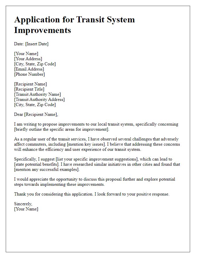 Letter template of application for transit system improvements