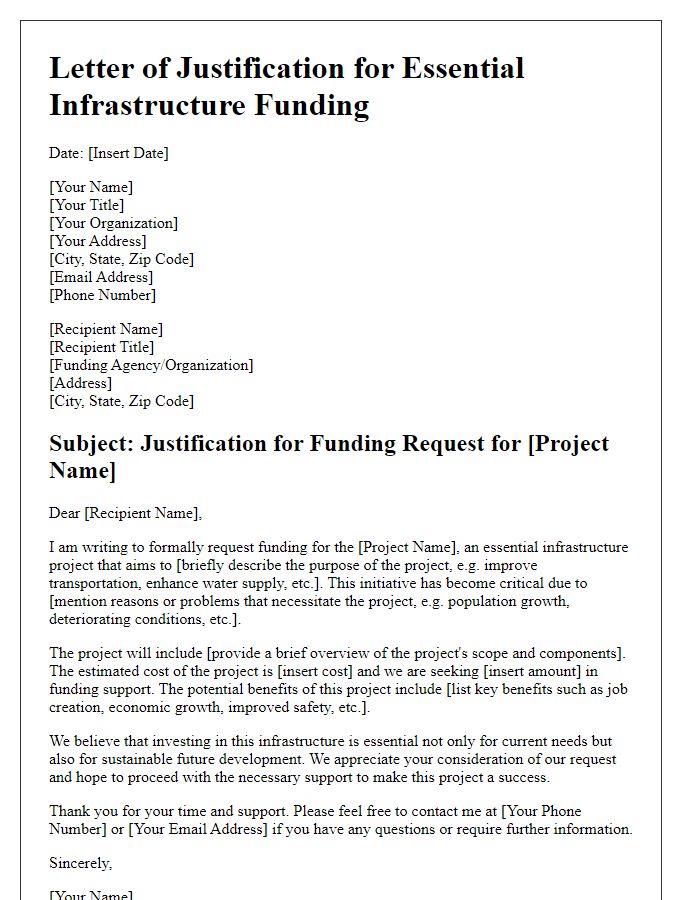 Letter template of justification for essential infrastructure funding