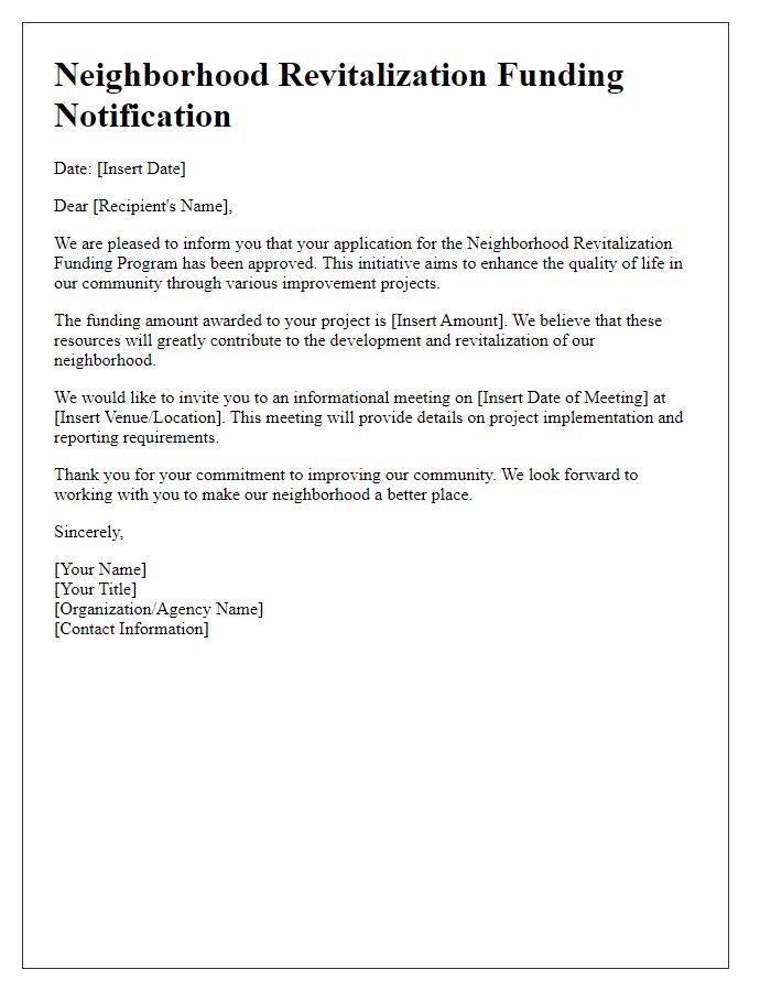 Letter template of notification for neighborhood revitalization funding