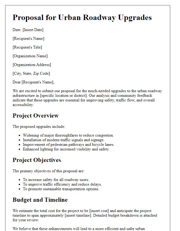 Letter template of proposal for urban roadway upgrades