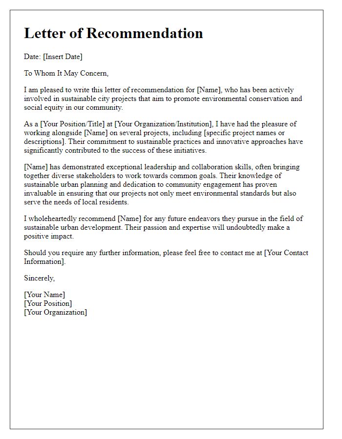 Letter template of recommendation for sustainable city projects