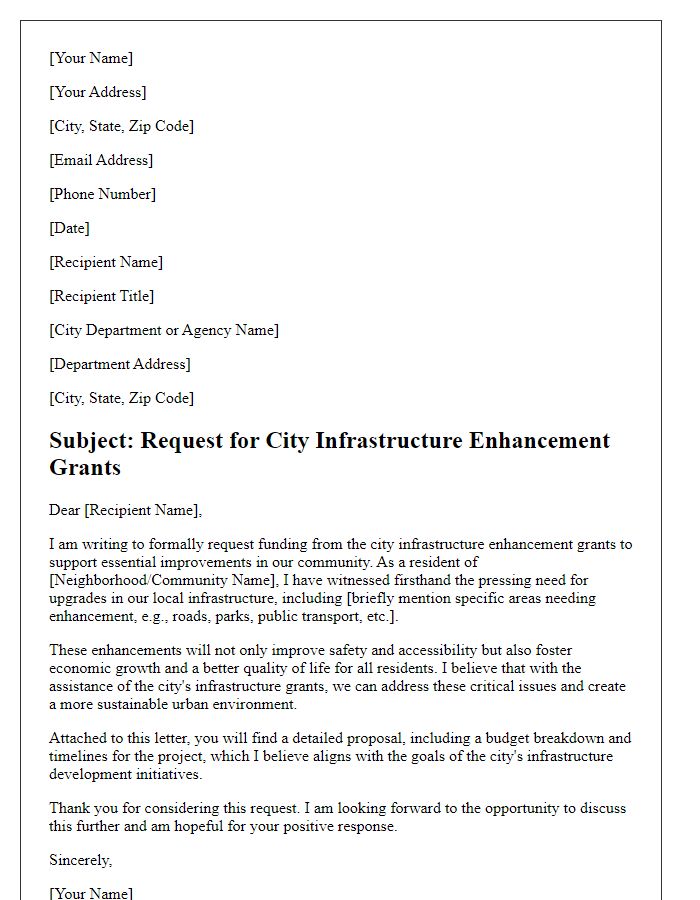 Letter template of request for city infrastructure enhancement grants