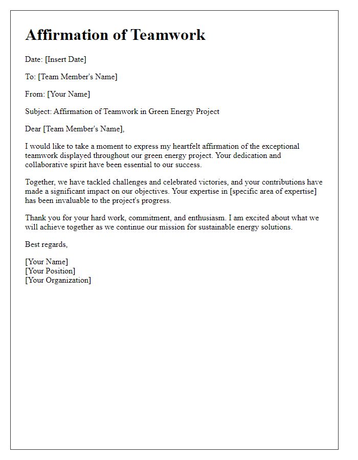 Letter template of affirmation for green energy project teamwork