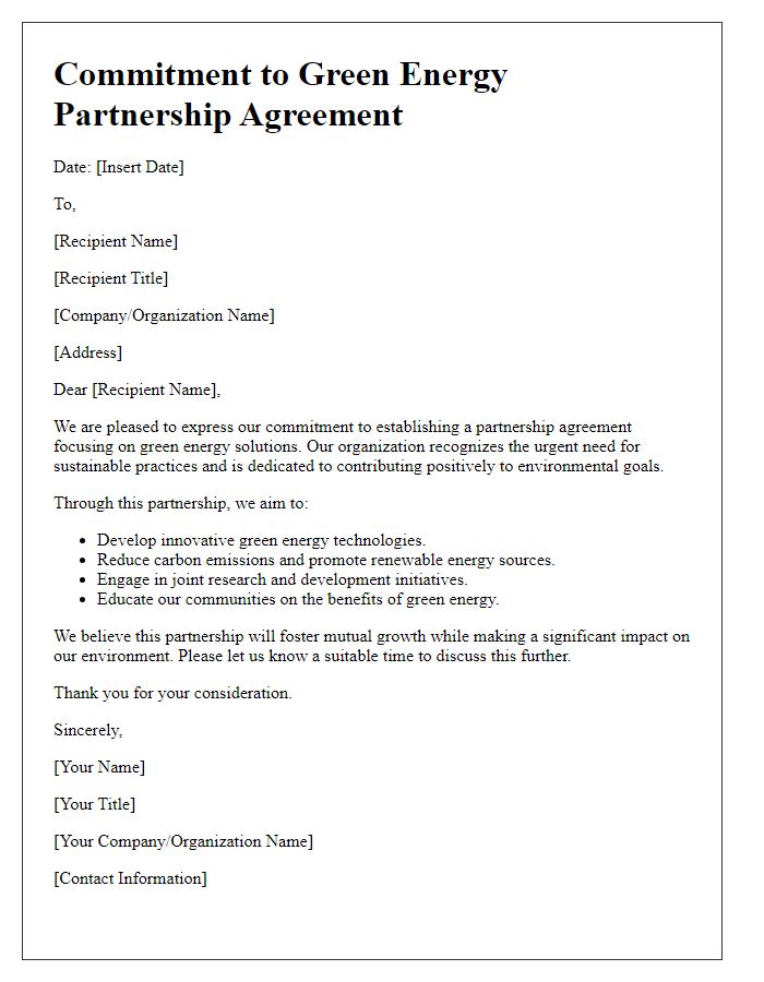 Letter template of commitment to green energy partnership agreement