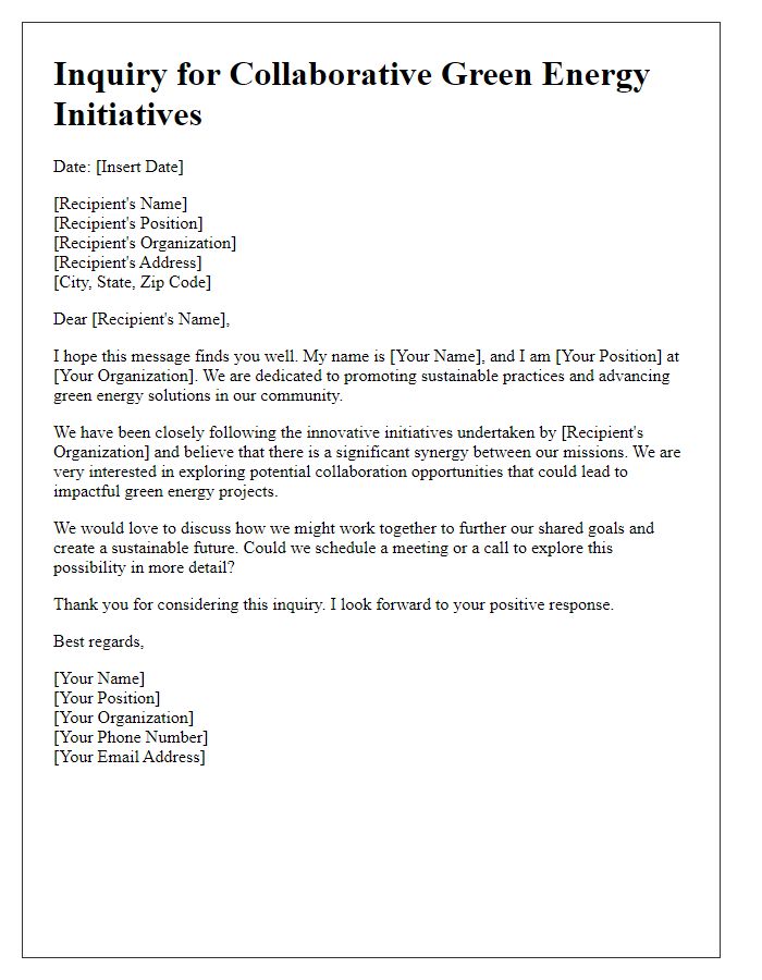 Letter template of inquiry for collaborative green energy initiatives