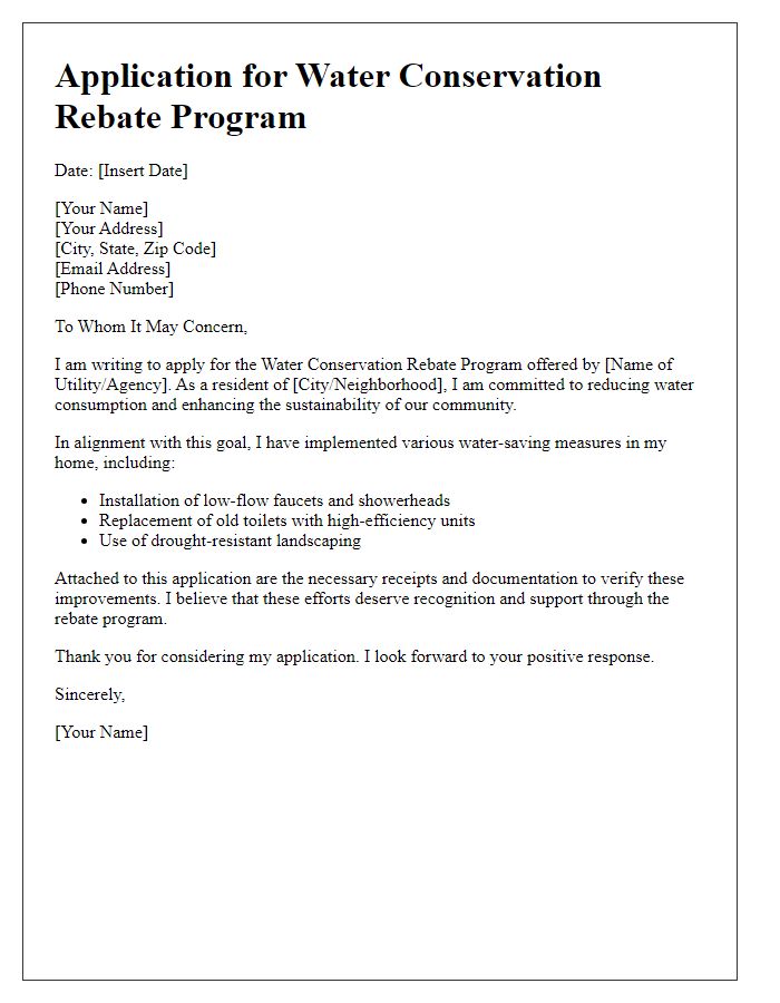 Letter template of application for water conservation rebate program