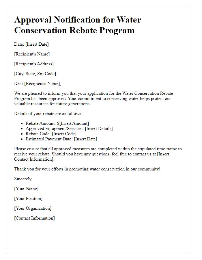 Letter template of approval notification for water conservation rebate program