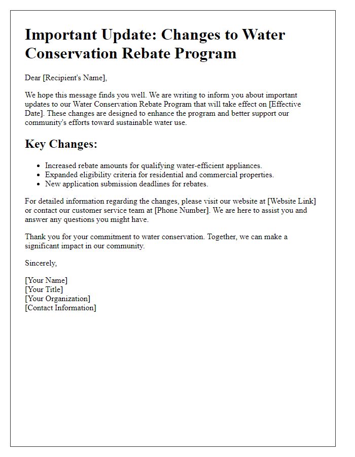 Letter template of changes to water conservation rebate program