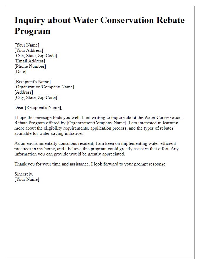 Letter template of inquiry about water conservation rebate program