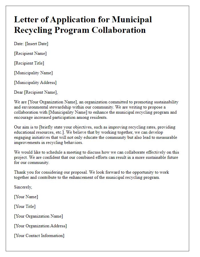 Letter template of application for municipal recycling program collaboration