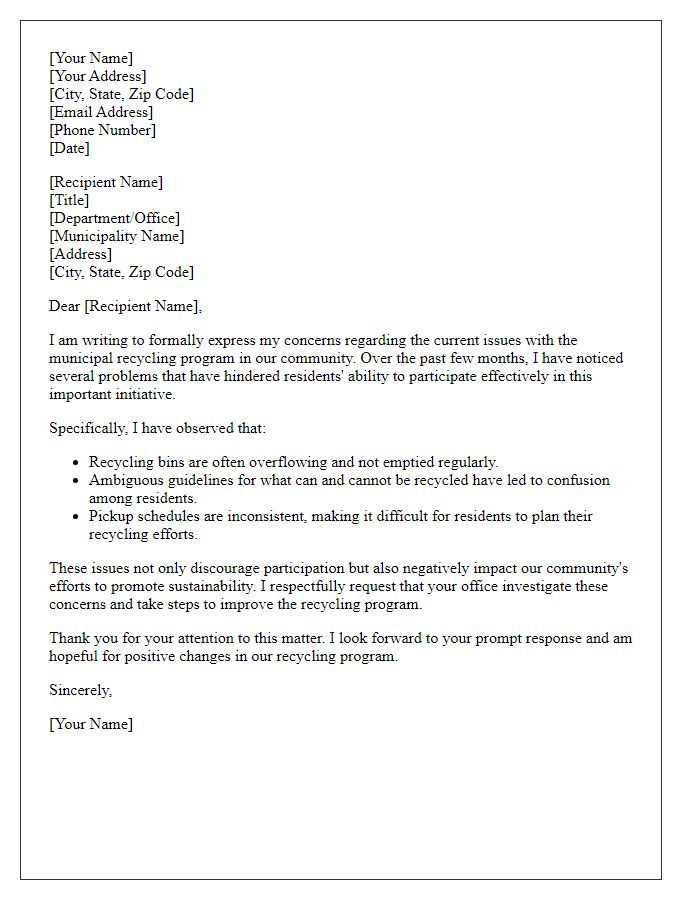 Letter template of complaint regarding municipal recycling program issues