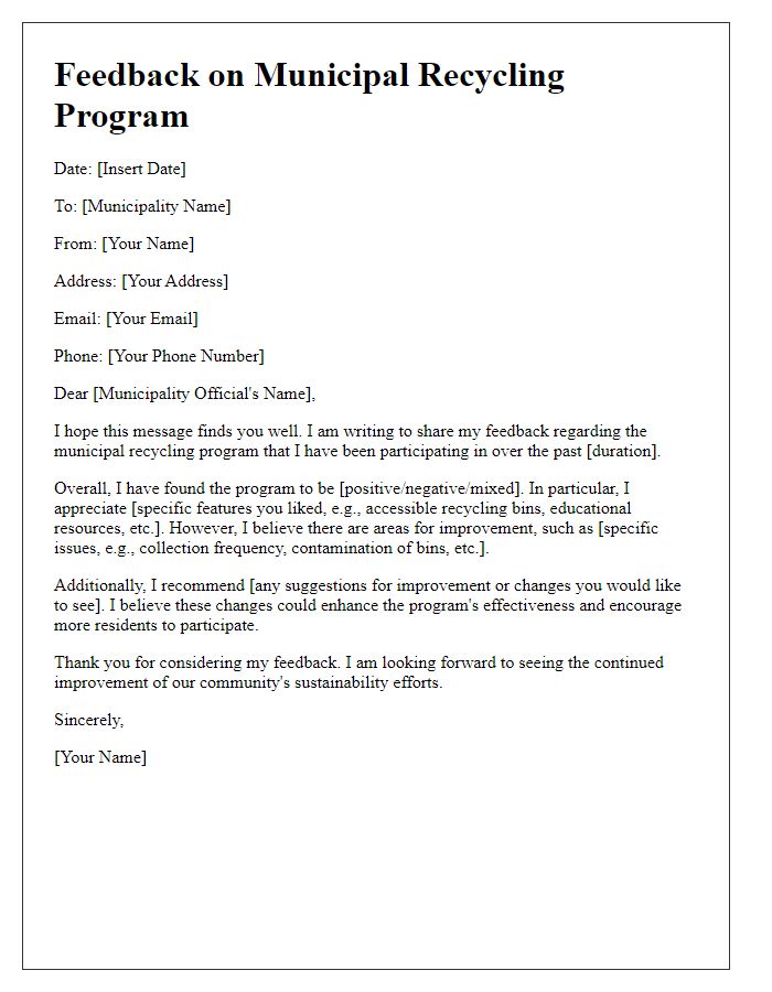 Letter template of feedback on municipal recycling program experience