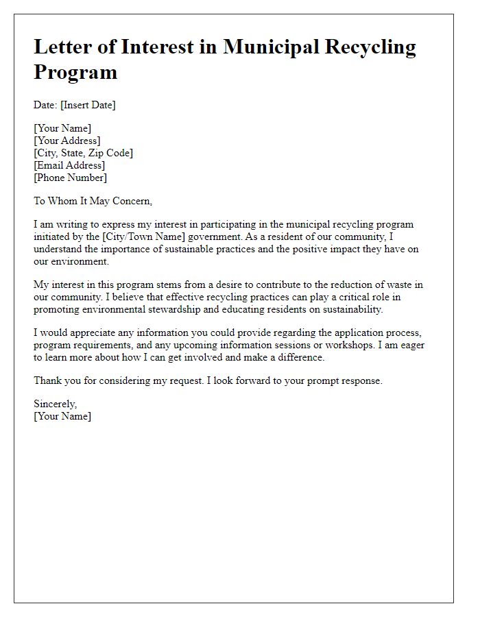 Letter template of interest in municipal recycling program participation