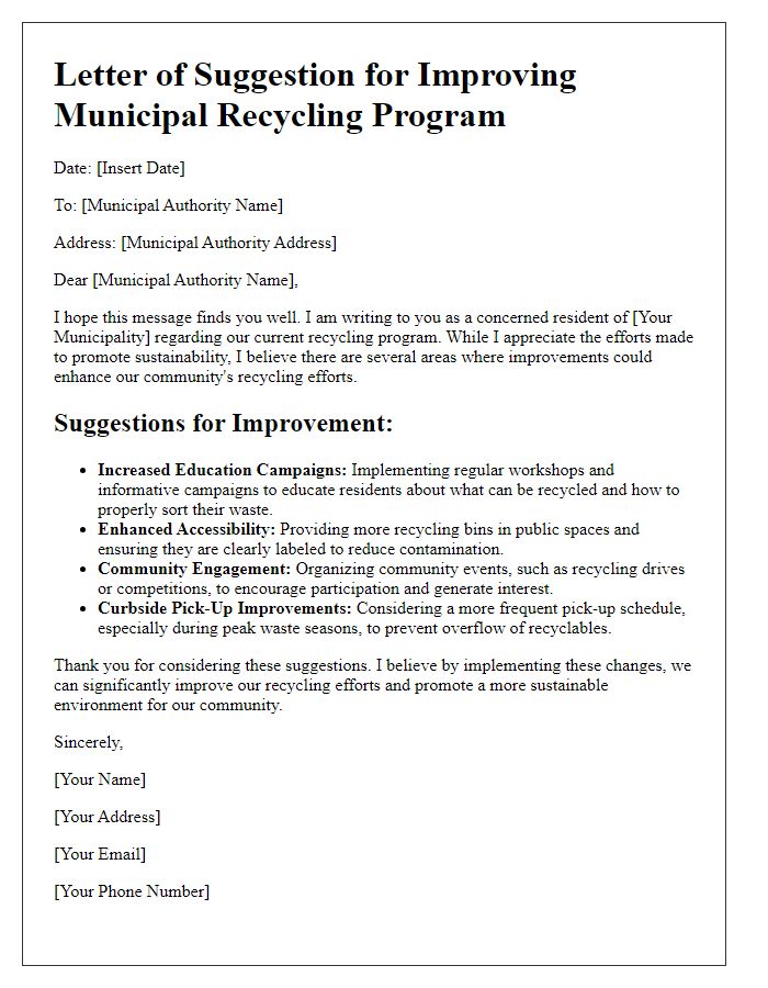 Letter template of suggestion for improvements in municipal recycling program