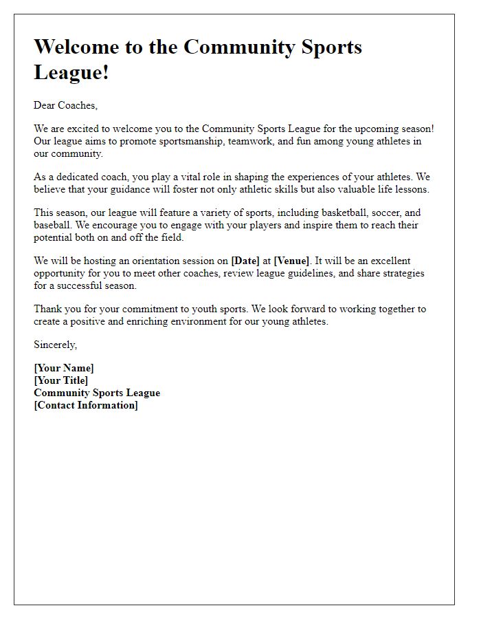 Letter template of community sports league introduction for athletic coaches