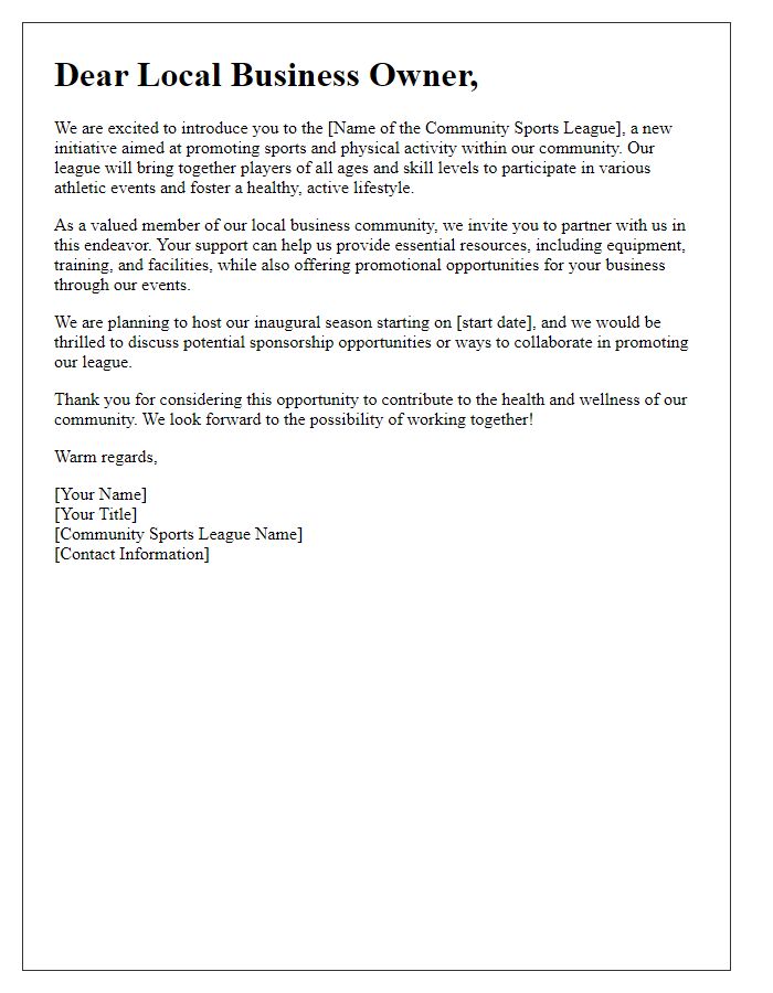 Letter template of community sports league introduction for local businesses