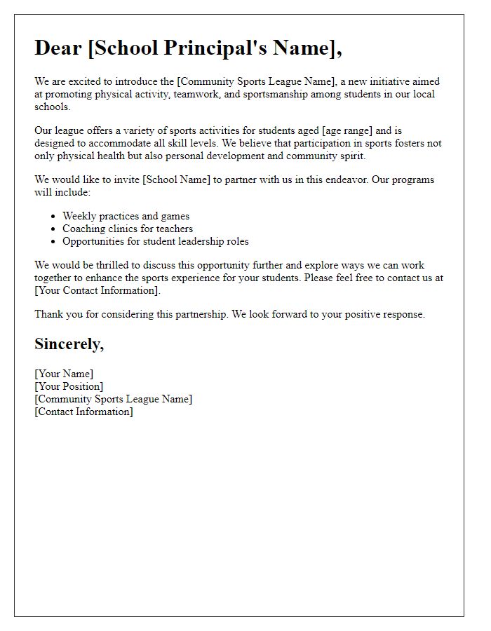 Letter template of community sports league introduction for local schools