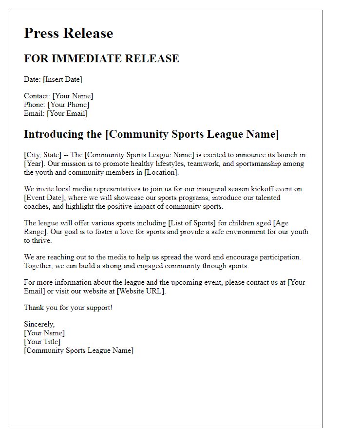 Letter template of community sports league introduction for media outreach