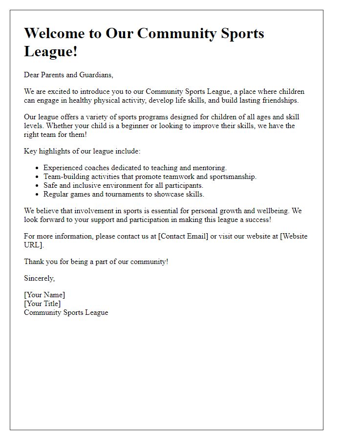 Letter template of community sports league introduction for parents and guardians