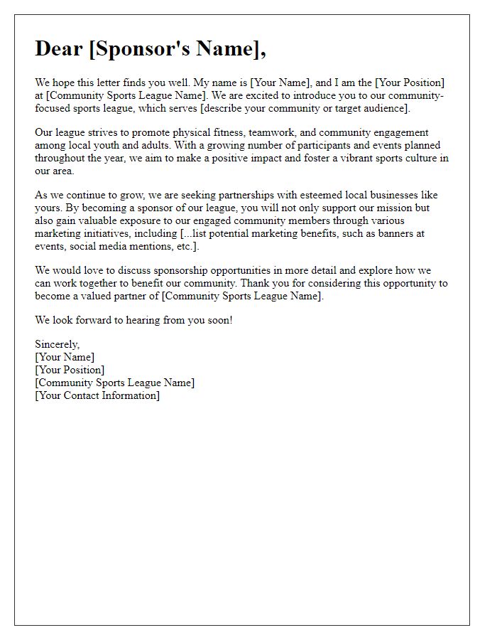 Letter template of community sports league introduction for potential sponsors