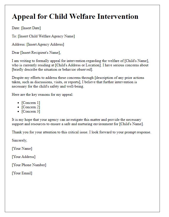 Letter template of appeal for child welfare intervention