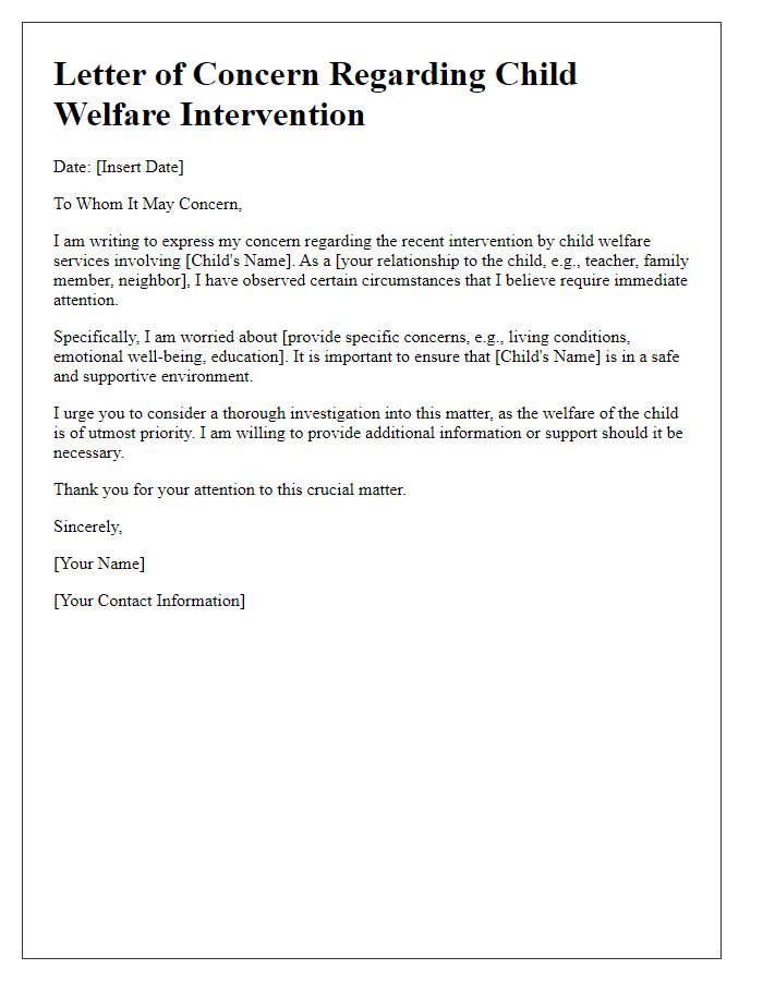 Letter template of concern regarding child welfare intervention