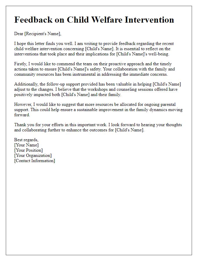 Letter template of feedback on child welfare intervention