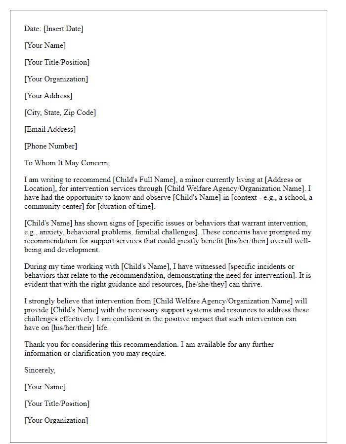 Letter template of recommendation for child welfare intervention