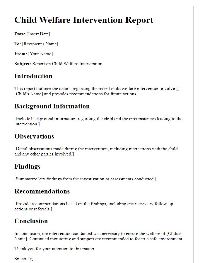 Letter template of report concerning child welfare intervention