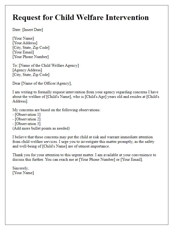 Letter template of request for child welfare intervention