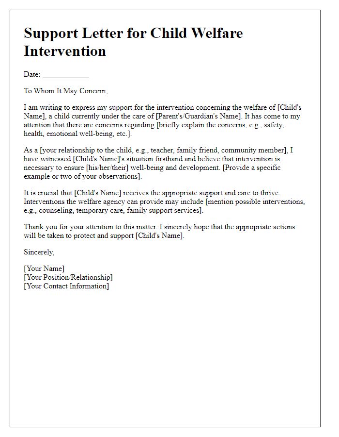 Letter template of support for child welfare intervention