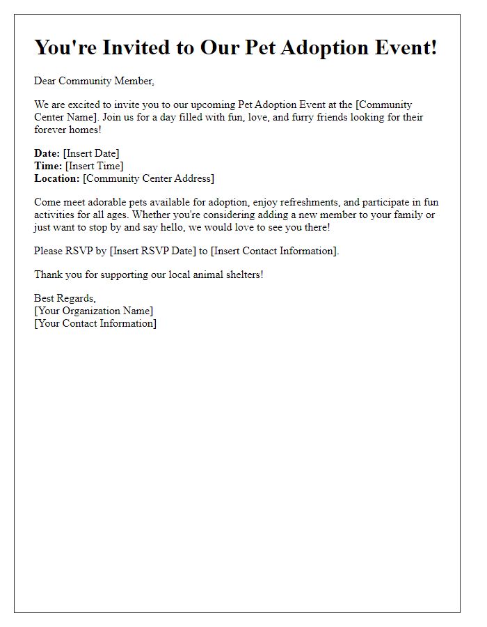 Letter template of Pet Adoption Event Invitation for Community Centers