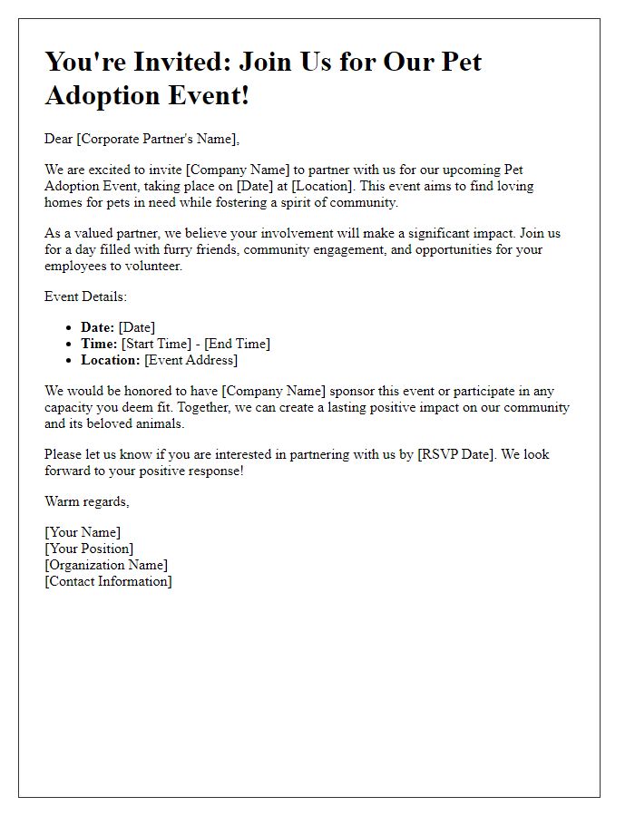 Letter template of Pet Adoption Event Invitation for Corporate Partnerships