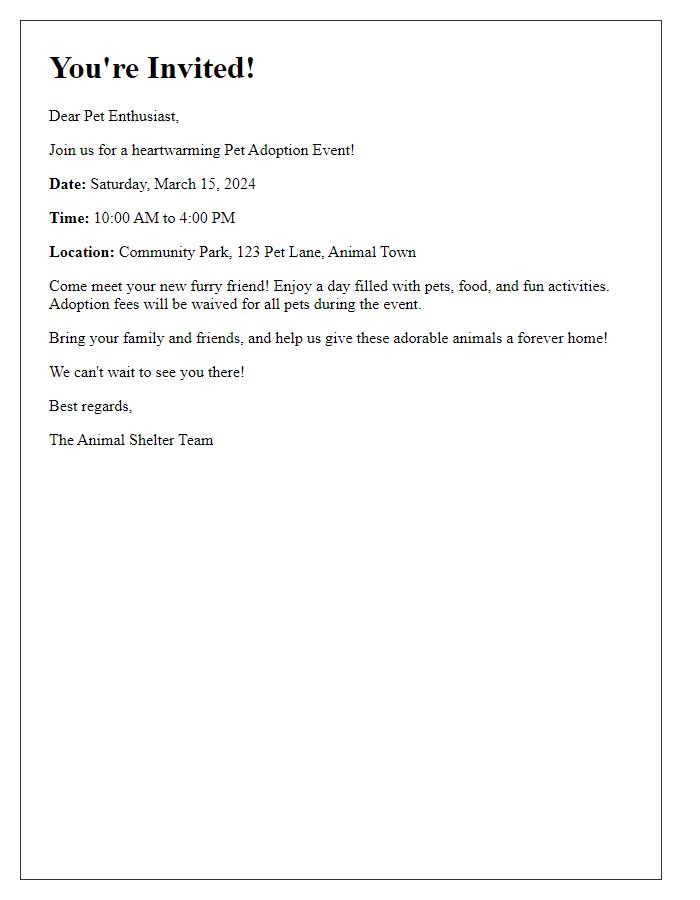 Letter template of Pet Adoption Event Invitation for Pet Enthusiasts