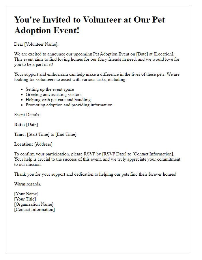 Letter template of Pet Adoption Event Invitation for Volunteers