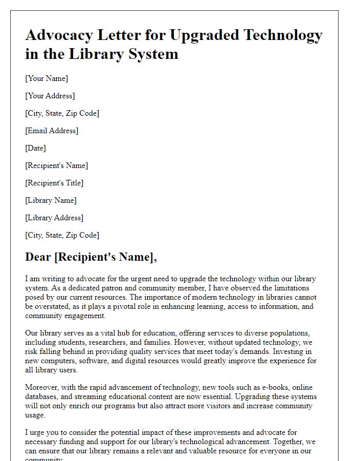 Letter template of advocacy for upgraded technology in the library system.