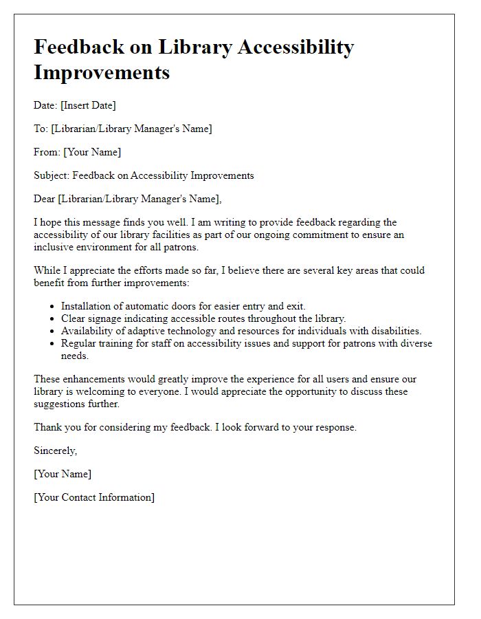 Letter template of feedback on library accessibility improvements needed.