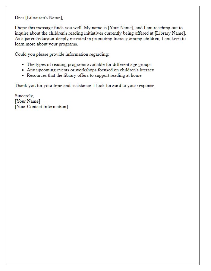 Letter template of inquiry regarding children's reading initiatives in local library.