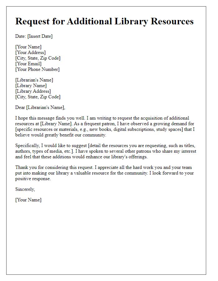 Letter template of request for additional resources at local library.