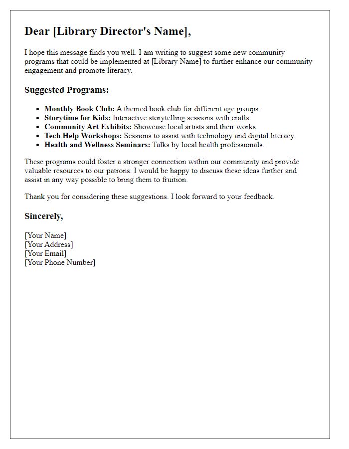 Letter template of suggestion for new community programs at the library.