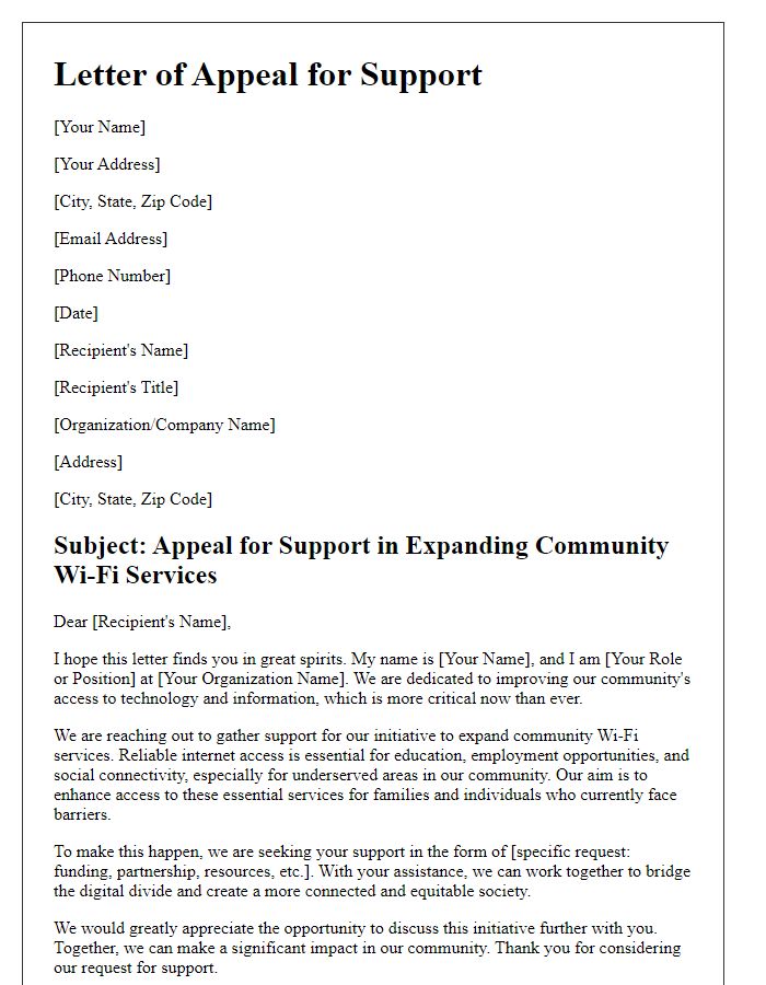 Letter template of appeal for support in expanding community Wi-Fi services.