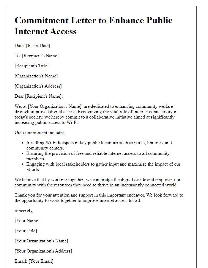 Letter template of commitment to elevate public internet access via Wi-Fi.