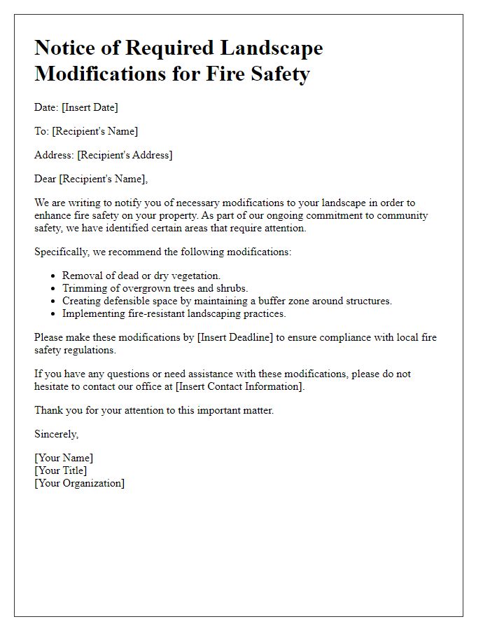 Letter template of notification about necessary landscape modifications for fire safety