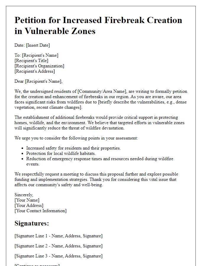 Letter template of petition for increased firebreak creation in vulnerable zones