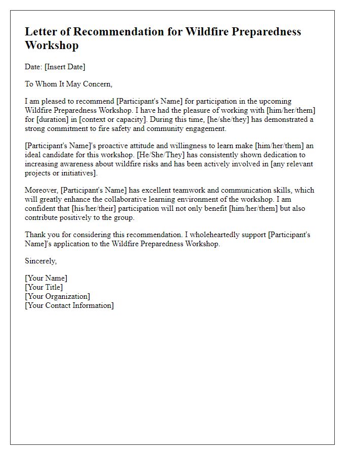 Letter template of recommendation for workshops on wildfire preparedness