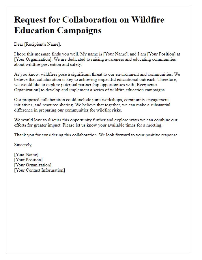 Letter template of request for collaboration on wildfire education campaigns